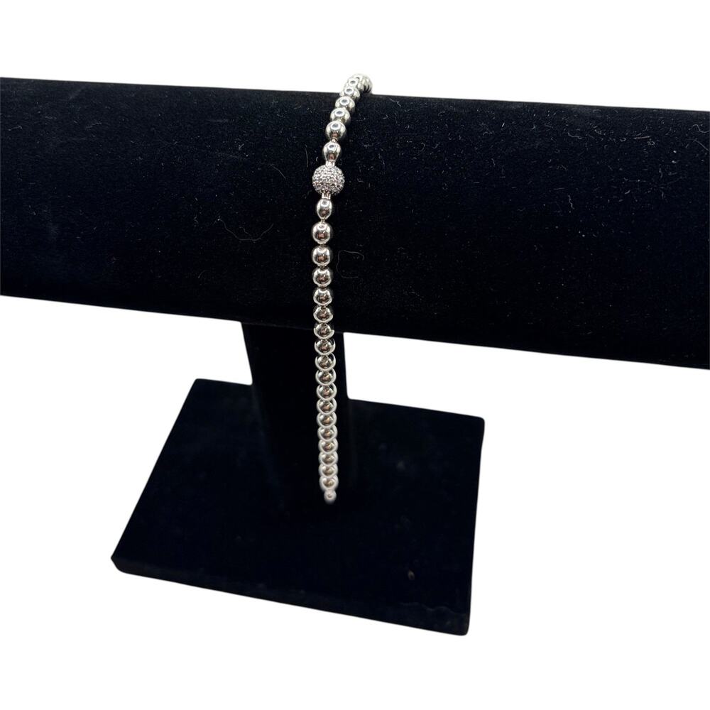Silver Tone Beaded Bracelet Pave Crystal Ball Accent Women